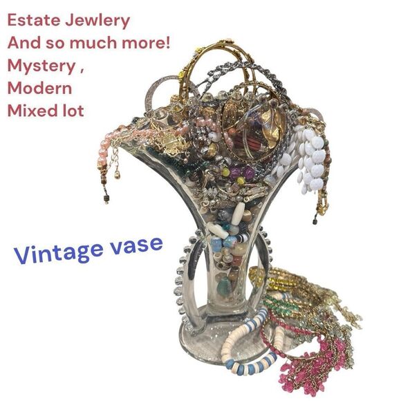 Estate Jewlery in vintage vase mystery Mixed Lot wearable craftable rustic cuff